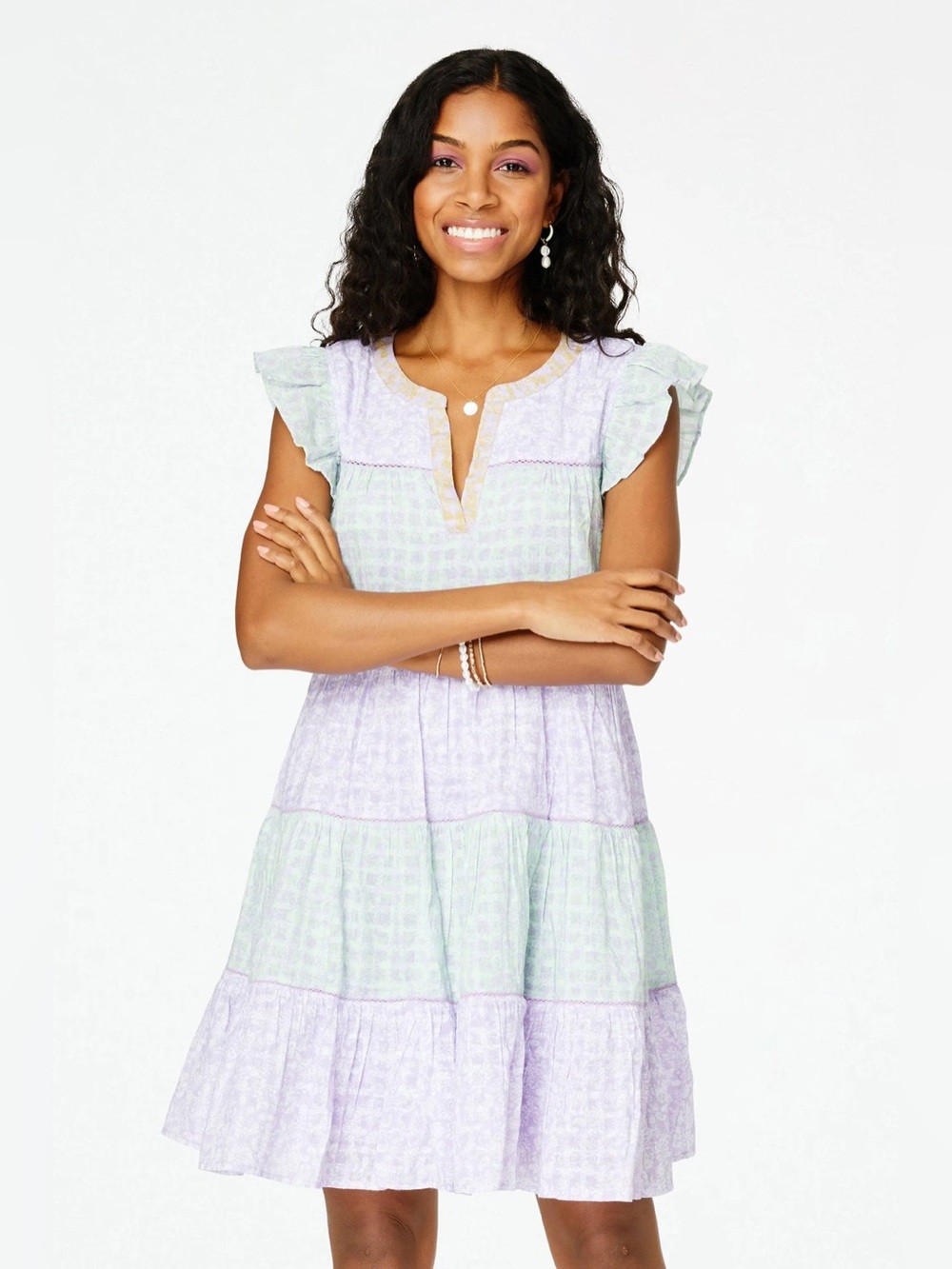 Roller Rabbit Ismay Pippa Tiered Mini Dress Pastel Purple Green Size XS